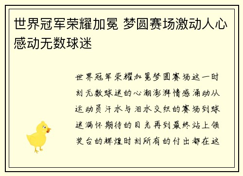 世界冠军荣耀加冕 梦圆赛场激动人心感动无数球迷