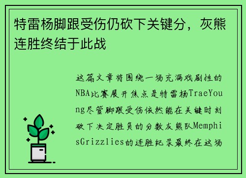 特雷杨脚跟受伤仍砍下关键分，灰熊连胜终结于此战