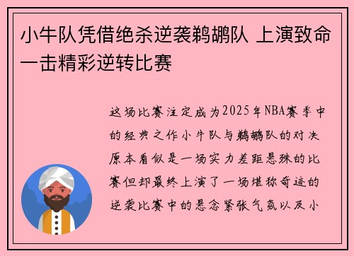 小牛队凭借绝杀逆袭鹈鹕队 上演致命一击精彩逆转比赛