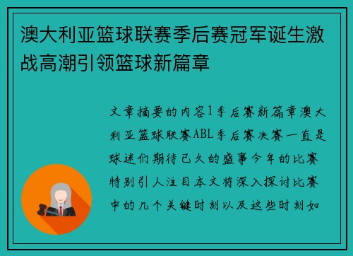澳大利亚篮球联赛季后赛冠军诞生激战高潮引领篮球新篇章