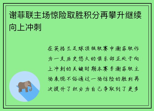 谢菲联主场惊险取胜积分再攀升继续向上冲刺